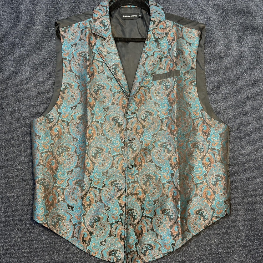 BARRY.WANG Suit Vest Mens 2XL Silk Paisley Belted Waistcoat Tuxedo Wedding